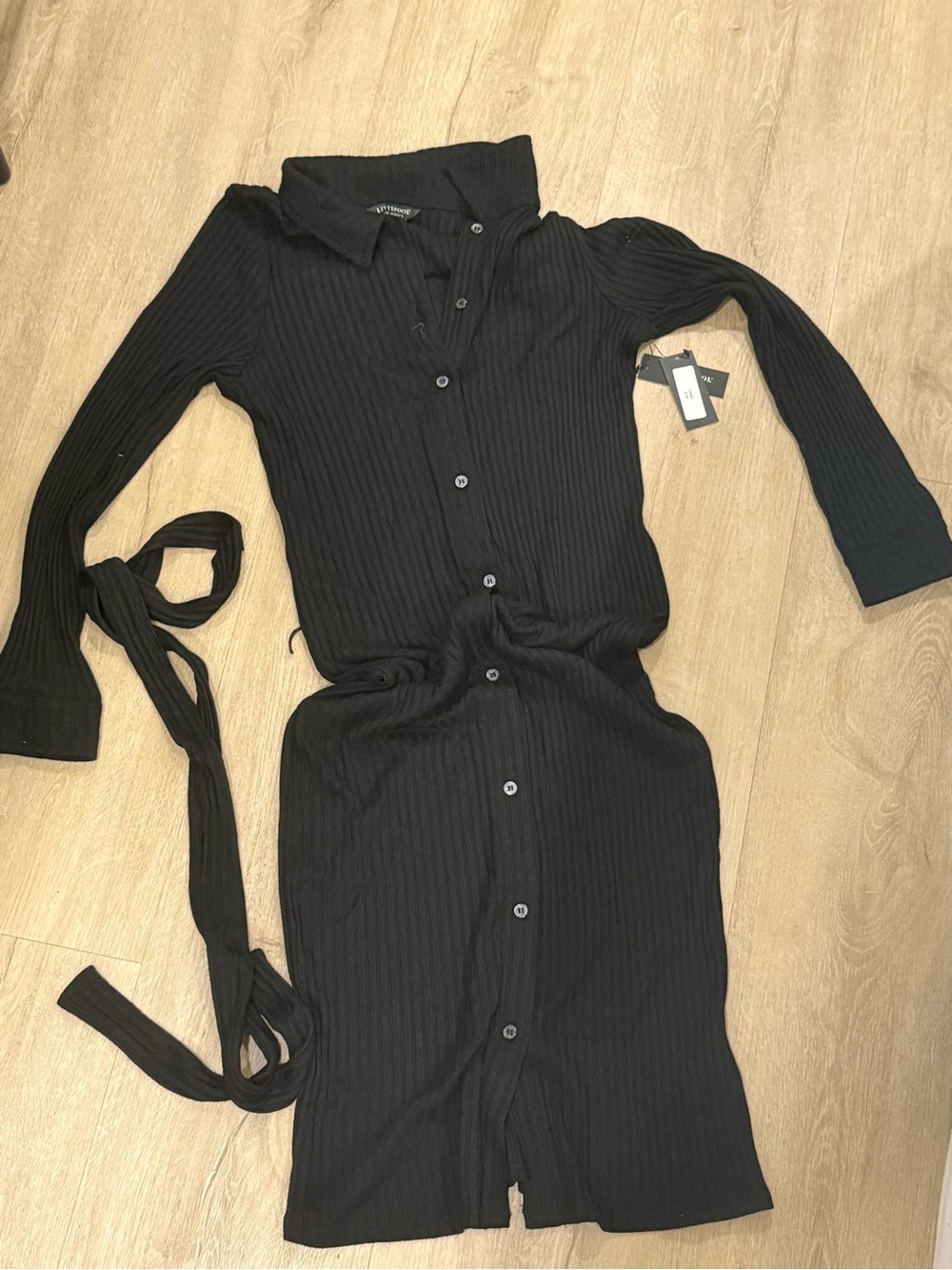 Liverpool Black Ribbed Button-Front Long Sleeve Dress with Waist Tie